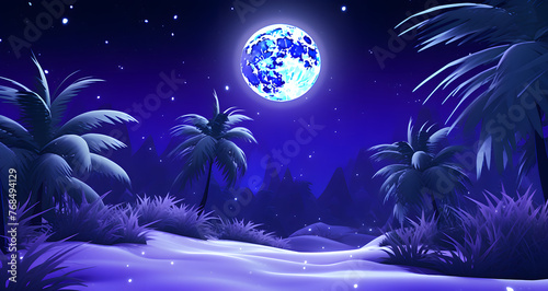 an animated scene with the moon setting behind palm trees