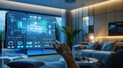Hands hold a device with a smart home control interface, symbolizing the seamless connection between technology and home automation. AIG41