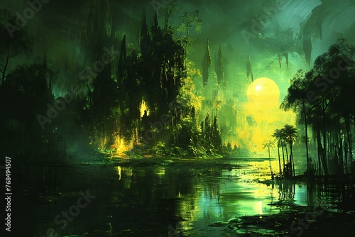 Fantasy landscape with fire and palm trees on the river at night