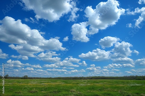 Beautiful spring landscape with green field and blue sky with white clouds