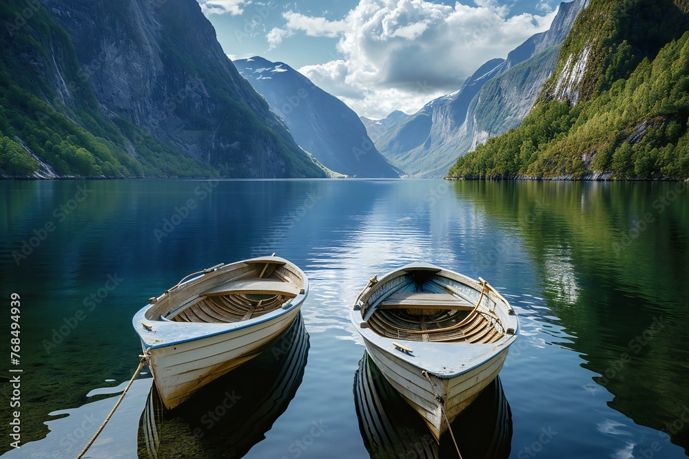 Two boats moored on the shore of a fjord in Norway - obrazy, fototapety, plakaty 