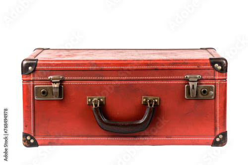 A vibrant red suitcase with a sturdy handle. The suitcase is standing upright, showcasing its practical design and bright color. Isolated on a Transparent Background PNG.