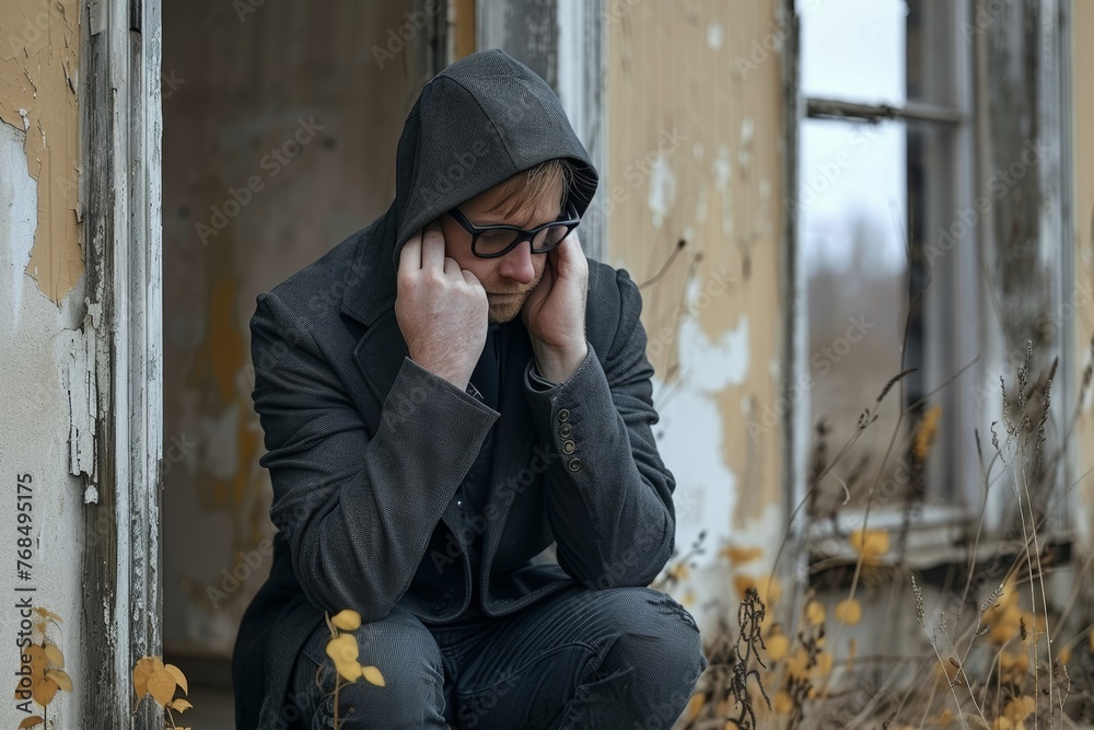 Solitary man seeking solace in the desolate remains of an abandoned building Solitary man seeking solace in the desolate remains of an abandoned building