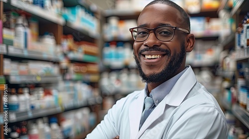 Smiling portrait of a handsome pharmacist A smiling woman pharmacist in a white coat helps a customer at the counter of a bright pharmacy