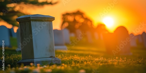 Sunlit tombstones at a cemetery during sunset, evoking peaceful finality. photo
