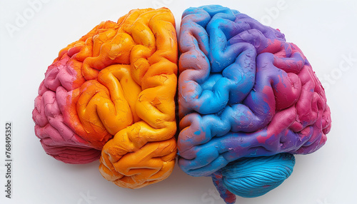 Top view of colorful human brain lying on on pink table on white background. World Brain Day. Concept of memory, memorization, mental activity, reading