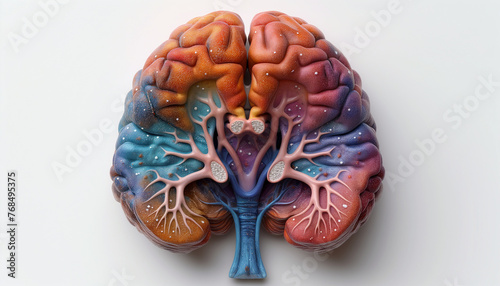 Top view of colorful human brain lying on on pink table on white background. World Brain Day. Concept of memory, memorization, mental activity, reading