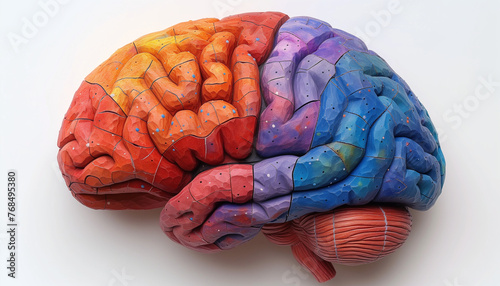 Top view of colorful human brain lying on on pink table on white background. World Brain Day. Concept of memory, memorization, mental activity, reading