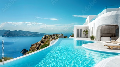 vacation, couple on the beach near swimming pool, luxury travel. Traditional mediterranean white architecture with arch sunshine. Summer vacation concept.Happy viewpoint and enjoys