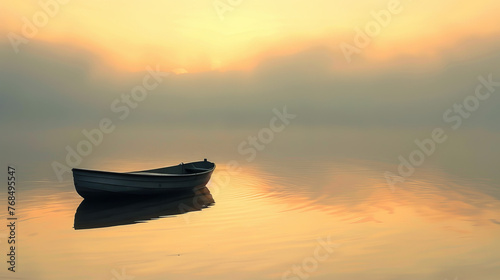 Calm and still waters reflect the soft light of dawn, as a single boat floats peacefully amidst the silence of a mist-covered lake