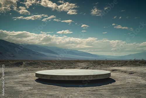 Empty round podium on the background of mountain landscape,   Rendering