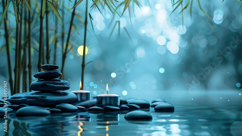 SPA massage black stones stack with aroma candles background, meditation relaxation scene illustration photo