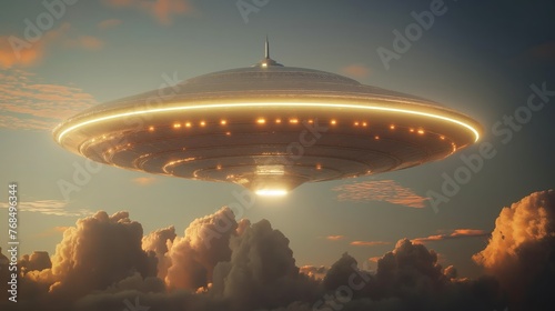 Large unidentified flying object hovering above clouds with lights and sunset backdrop.