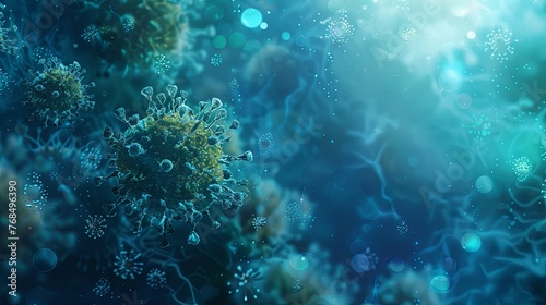 virus background . Virology medicine panorama long wide illustration - vaccination injection against corona virus, covid, flu, microscopic view of influenza virus cells,3d viruses texture science 
