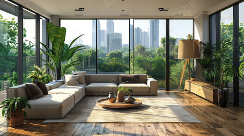 a Spacious apartment room with big glass window and city view, surrounded by green environment. Interior design of modern living room