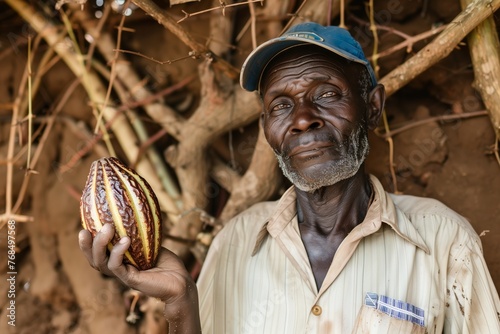 portrait of a farmer holding a cocoa pod