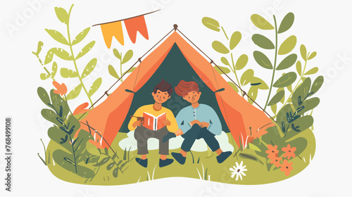 Couple of young people resting in a tent in nature flat
