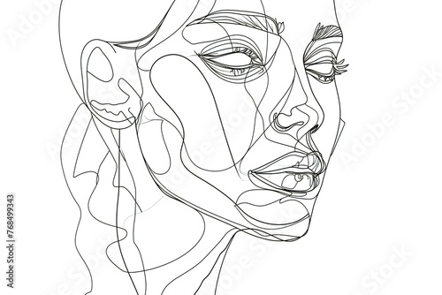 Continuous one simple single abstract line drawing of a female face, Linear stylized