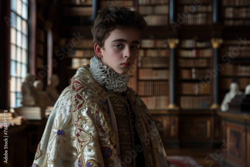 young duke in finery with embroidered shawl, in a library