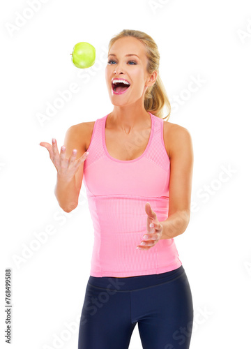 Woman, apple and diet nutrition with smile in studio for healthy training, lose weight or white background. Female person, happy and fitness workout with fruit snack or organic, fibre or mockup space © peopleimages.com