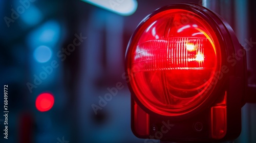 Red light of a traffic signal glowing brightly at night
