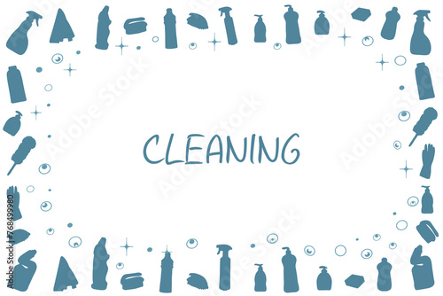 Banner made from cleaning equipment. Cleaning line icons. Cleaning products and tools for cleaning and disinfecting the home, buckets and mops, sprayers and detergents. Vector.