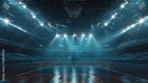 Empty Basketball Arena Stadium Sports Ground with Flashlights. Sport, Basket, Game, Interior, Play, Light, Flashlight, Dark, Competition, Match, Playing, Success, Board, Background
