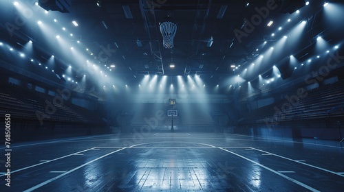 Empty Basketball Arena Stadium Sports Ground with Flashlights. Sport, Basket, Game, Interior, Play, Light, Flashlight, Dark, Competition, Match, Playing, Success, Board, Background 