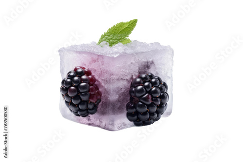 A blackberry and a blackberry ice cube. The blackberry appears ripe and juicy, while the ice cube adds a refreshing and cool element to the composition. Isolated on a Transparent Background PNG.