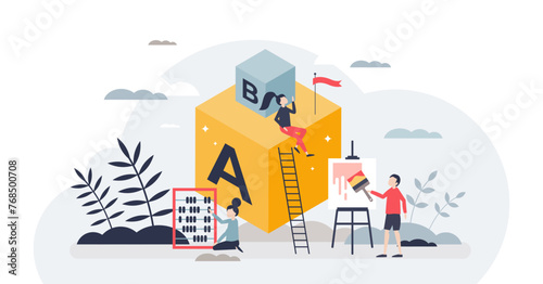 First steps in learning and early childhood education tiny person concept, transparent background. Kids cognitive development and growth with fun games and experience illustration.