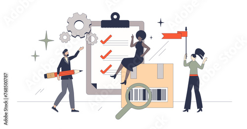 Inventory management systems for order handling efficiency neubrutalism tiny person concept, transparent background. Package distribution and shipping organization.