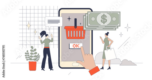 Mobile commerce with online web shop purchases neubrutalism tiny person concept, transparent background. Retail app with products and offers illustration.