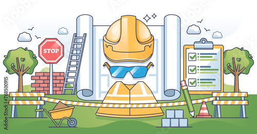 Work safety regulations for individual health protection outline concept, transparent background. Construction site equipment with vest and helmet for injury prevention illustration.