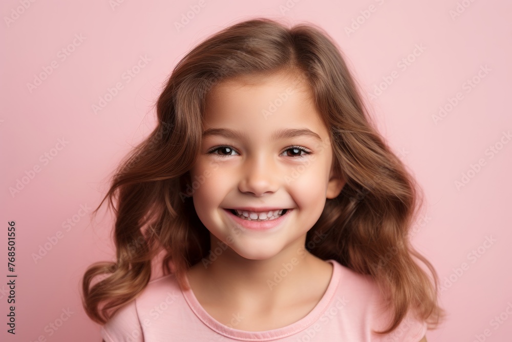 Portrait of a smiling little girl with long hair on a pink background Portrait of a smiling little girl with long hair on a pink background