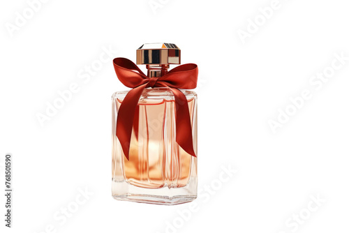A glass bottle of perfume stands with a vibrant red bow wrapped around its neck. The shiny surface of the bottle reflects light. Isolated on a Transparent Background PNG.