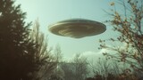 A classic flying saucer hovers in a hazy sky, framed by foliage in an earthly environment.