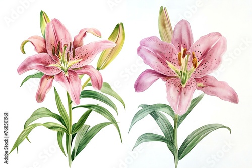 Pink lily flowers on a white background   Watercolor illustration