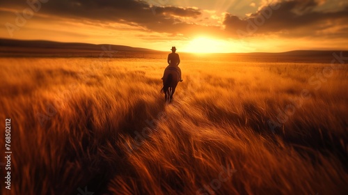 Sunset on the silhouette of a rider leaving on a horse into a field. Latest Feeling of strength and love for freedom © Daria Lukoiko