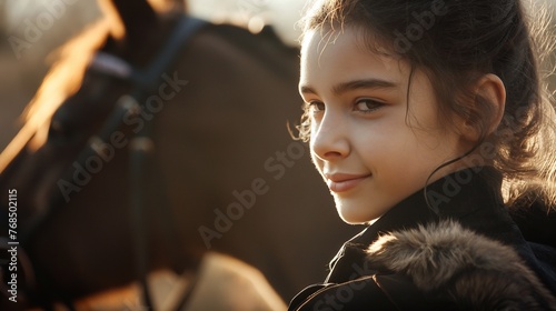 A young beautiful girl looks at the camera turning over her shoulder. Teenager at equestrian classes on a blurred background of a horse