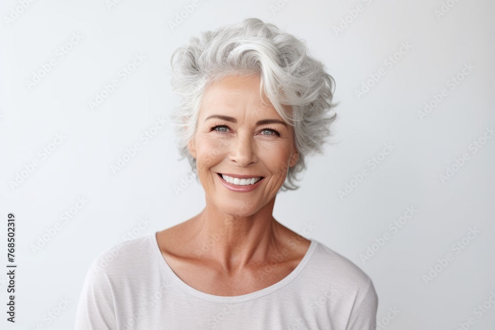 Cheerful mature lady looking at camera and smiling while standing against grey background