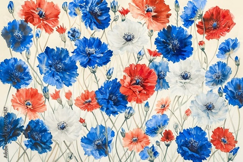 Blue and red poppies and cornflowers on white background