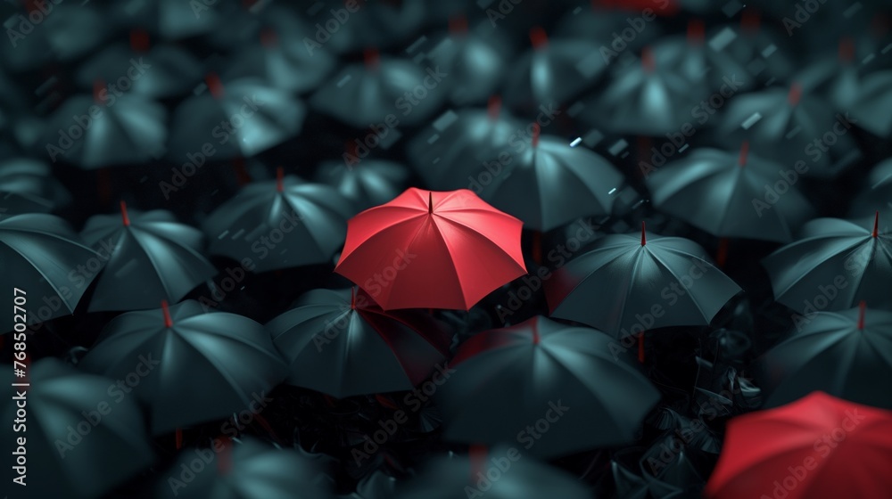 A red umbrella stands out in a sea of black umbrellas, symbolizing uniqueness or leadership.