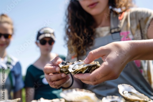 tourist at an oyster farm tasting freshly shucked oysters