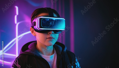 Child boy wearing VR glasses of augmented reality. Neon lights in background. Concept of innovative cyber technologies. Web banner of virtual reality with copy space. Generative Ai © _KUBE_