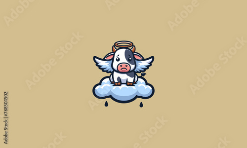 cow expression sad with wings on cloud vector logo design