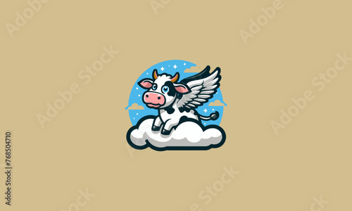 cow expression sad with wings on cloud vector logo design
