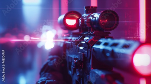 Close-up of a sniper rifle scope with glowing red detailing and cybernetic enhancements.