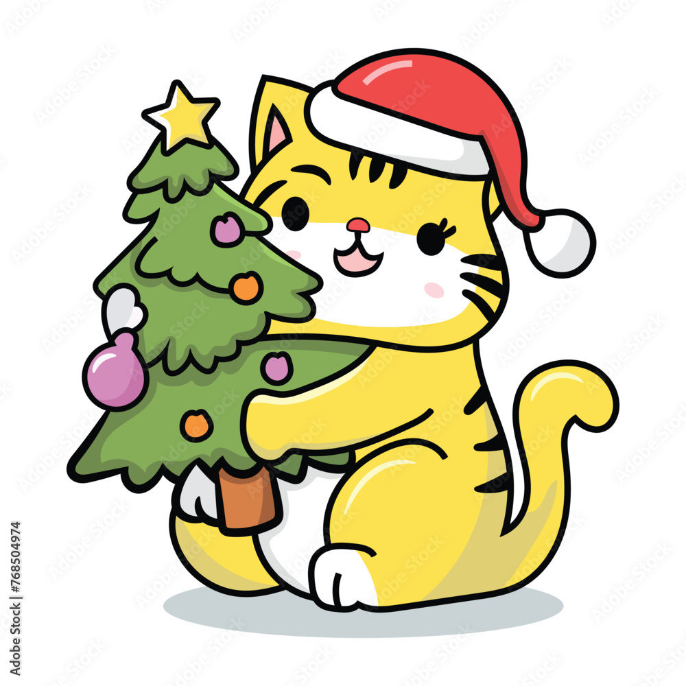 hand drawn Yellow cat holding a pain tree vector celebrating the Christmas season illustration hand drawn Yellow cat holding a pain tree vector celebrating the Christmas season illustration