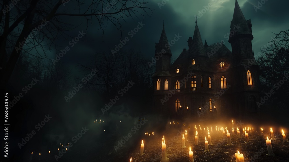 A haunting gothic mansion illuminated by warm lights and surrounded by candles on a foggy night.