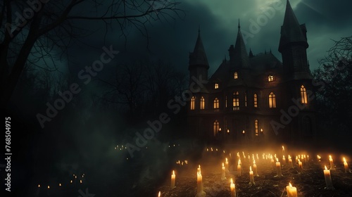 A haunting gothic mansion illuminated by warm lights and surrounded by candles on a foggy night.